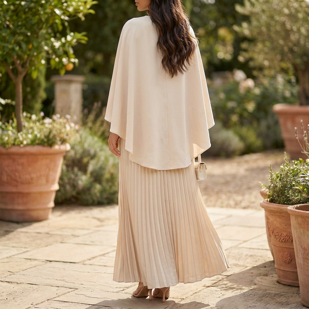 Flowing Pleated Batwing Sleeve Maxi Dress