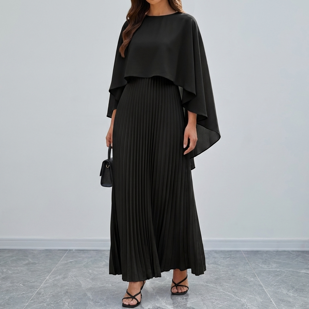 Flowing Pleated Batwing Sleeve Maxi Dress