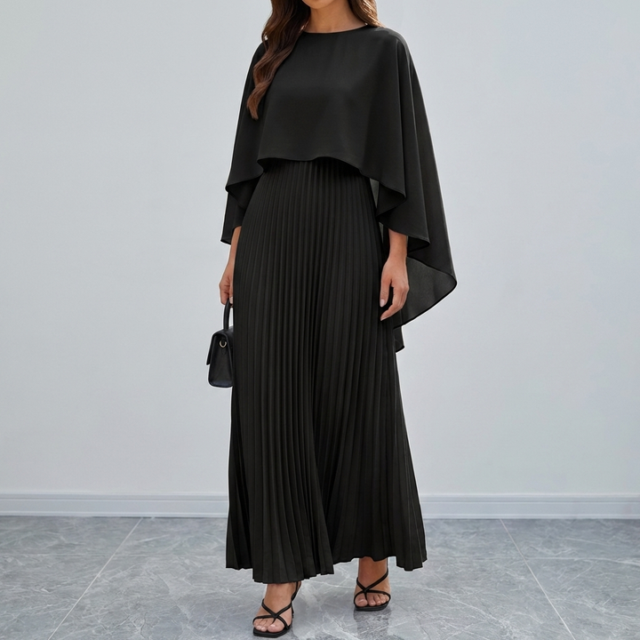 Flowing Pleated Batwing Sleeve Maxi Dress