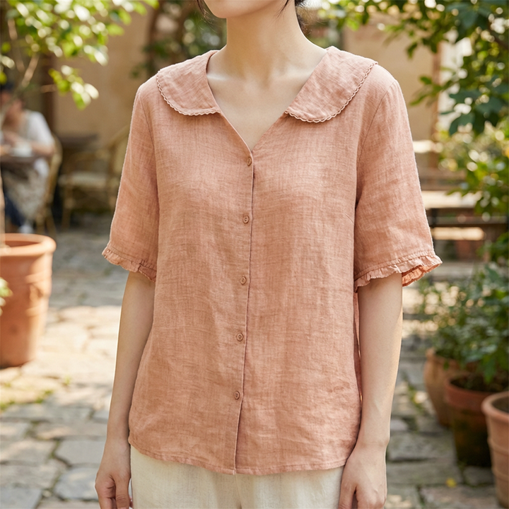 Women’s Cotton Linen Retro Shirt with Doll Collar