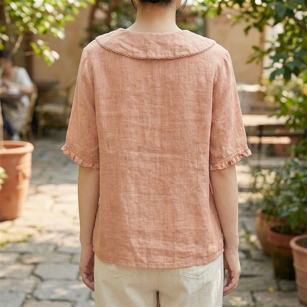 Women’s Cotton Linen Retro Shirt with Doll Collar