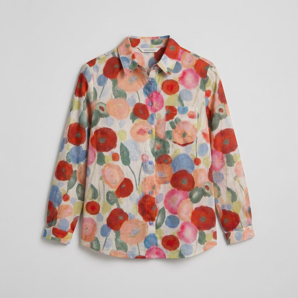 Floral Cartoon Print Button-Up Shirt for Women