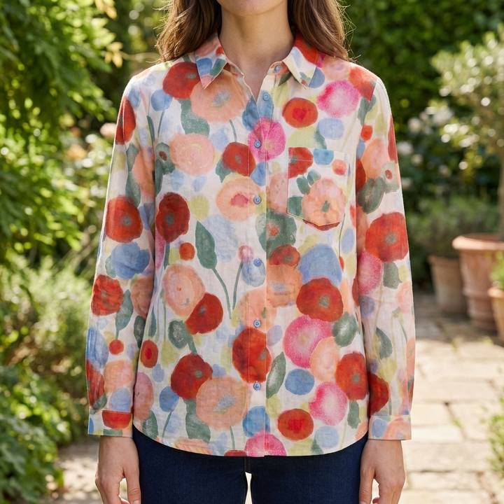 Floral Cartoon Print Button-Up Shirt for Women