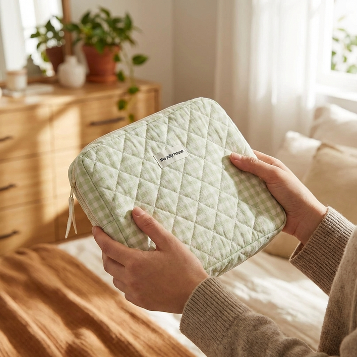 Large Quilted Plaid Cosmetic Pouch