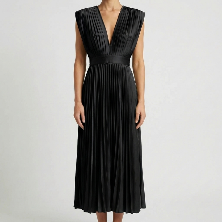 Sleeveless V-Neck Pleated Midi Dress