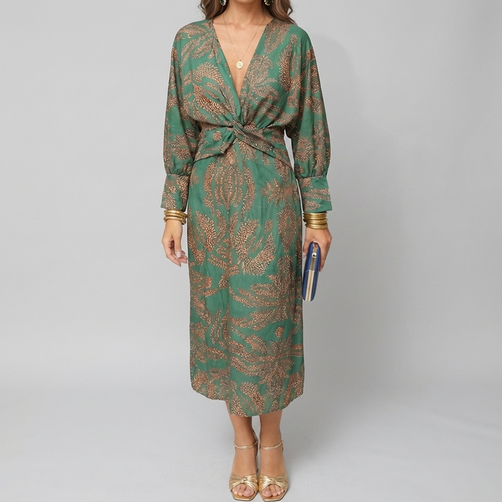 Printed Midi Dress with Knot Front for Women