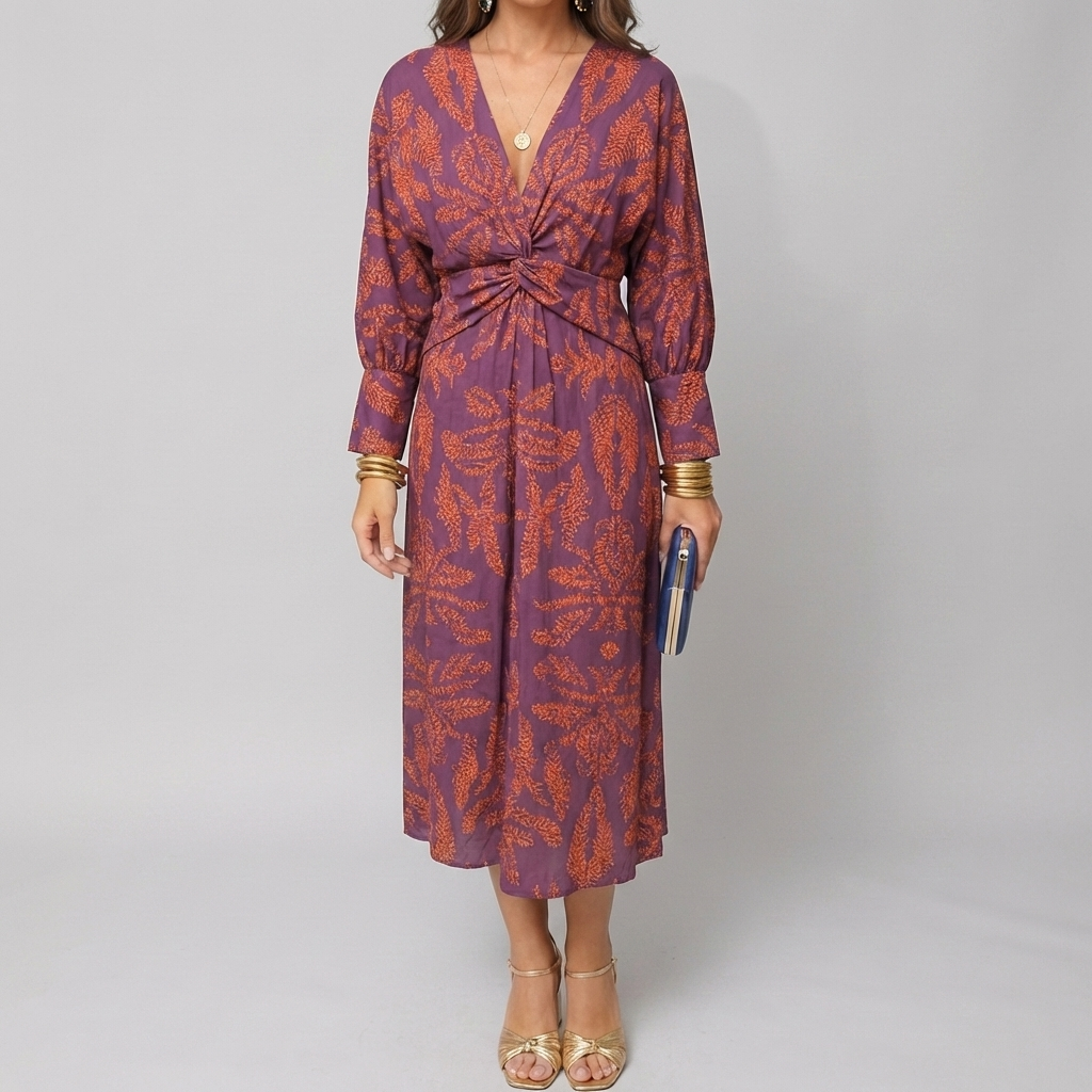 Printed Midi Dress with Knot Front for Women