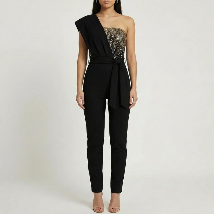 One-Shoulder Sequin-Bodice Jumpsuit