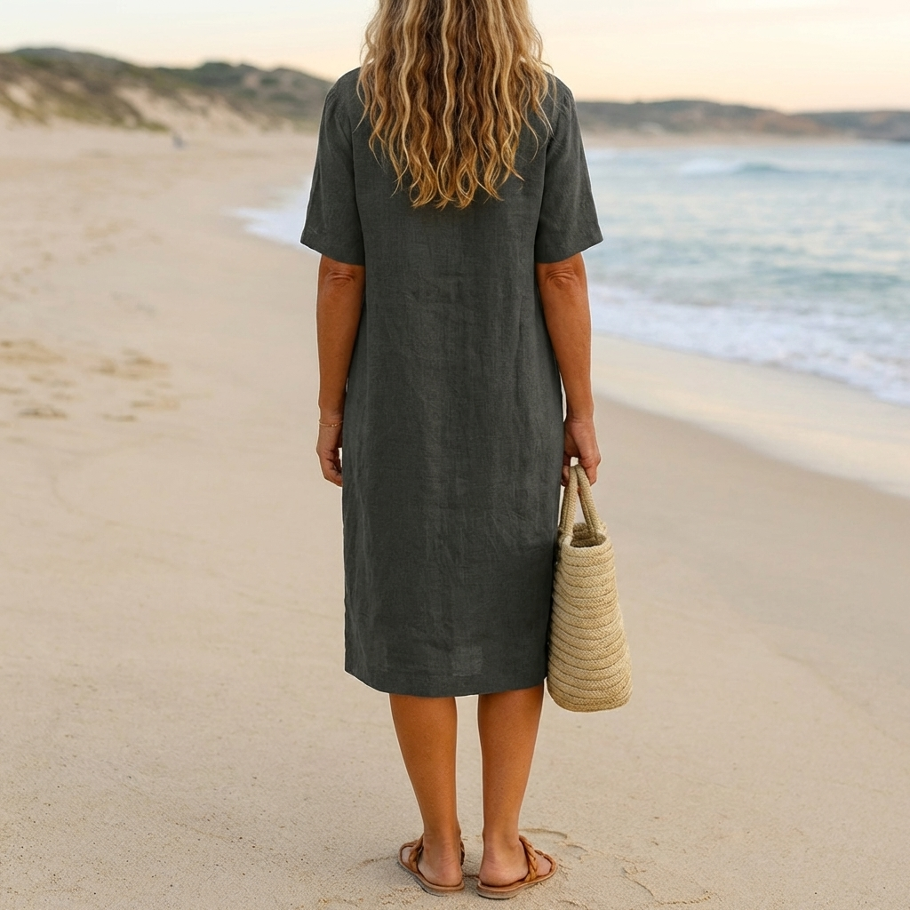 Relaxed Beach Dress with V‑Neck and  Short Sleeves