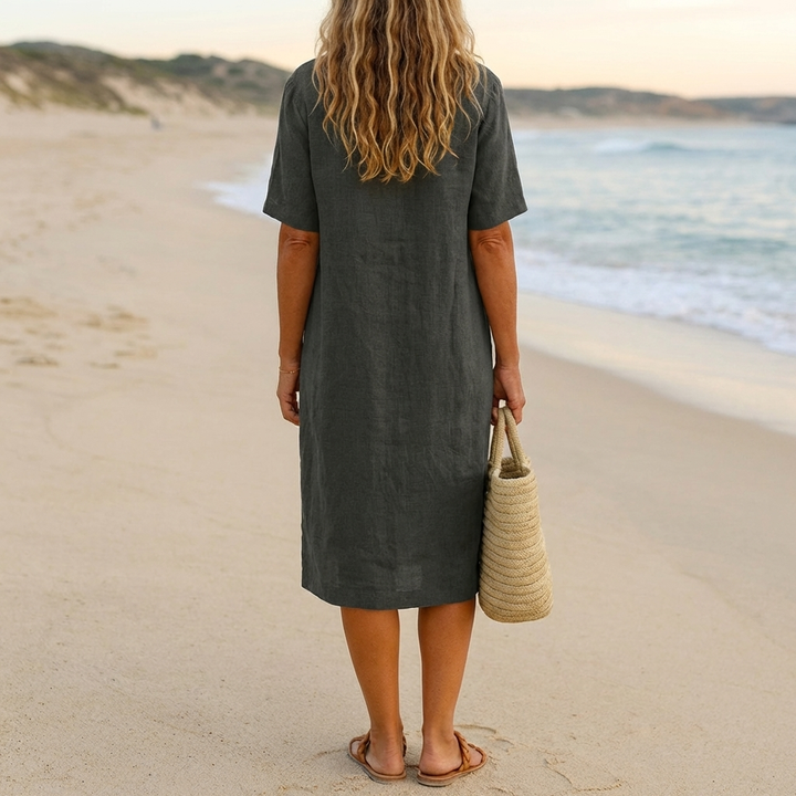 Relaxed Beach Dress with V‑Neck and  Short Sleeves
