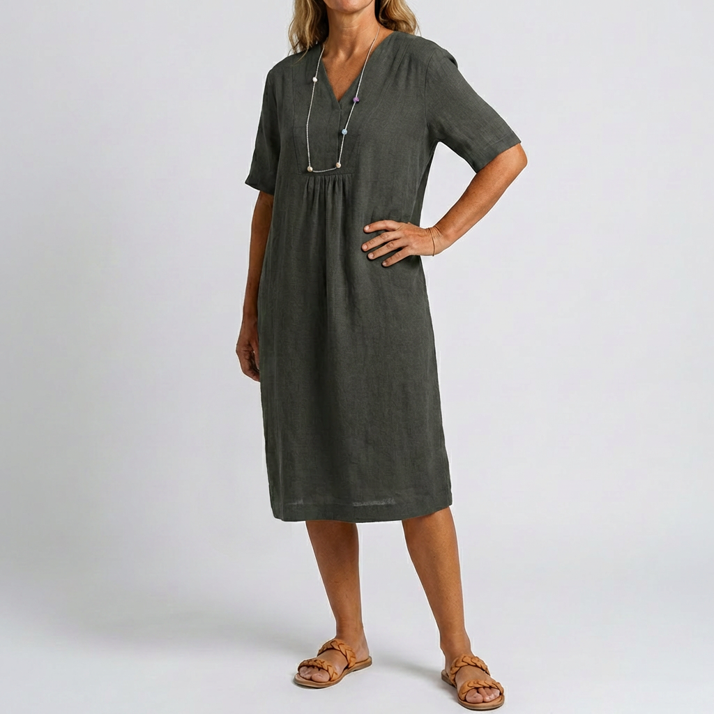 Relaxed Beach Dress with V‑Neck and  Short Sleeves
