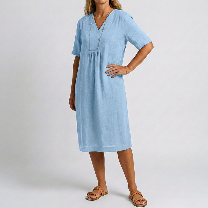 Relaxed Beach Dress with V‑Neck and  Short Sleeves