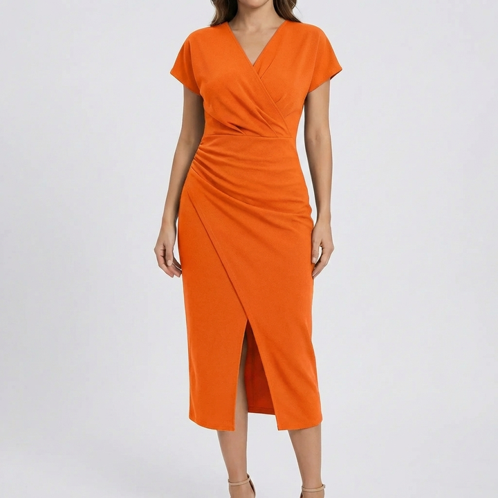 Short-Sleeve Wrap-Style Midi Dress