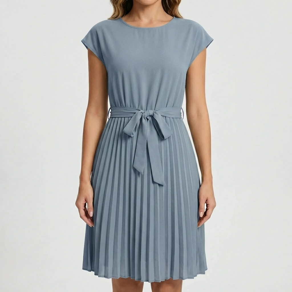 Short-Sleeve Pleated Midi Dress