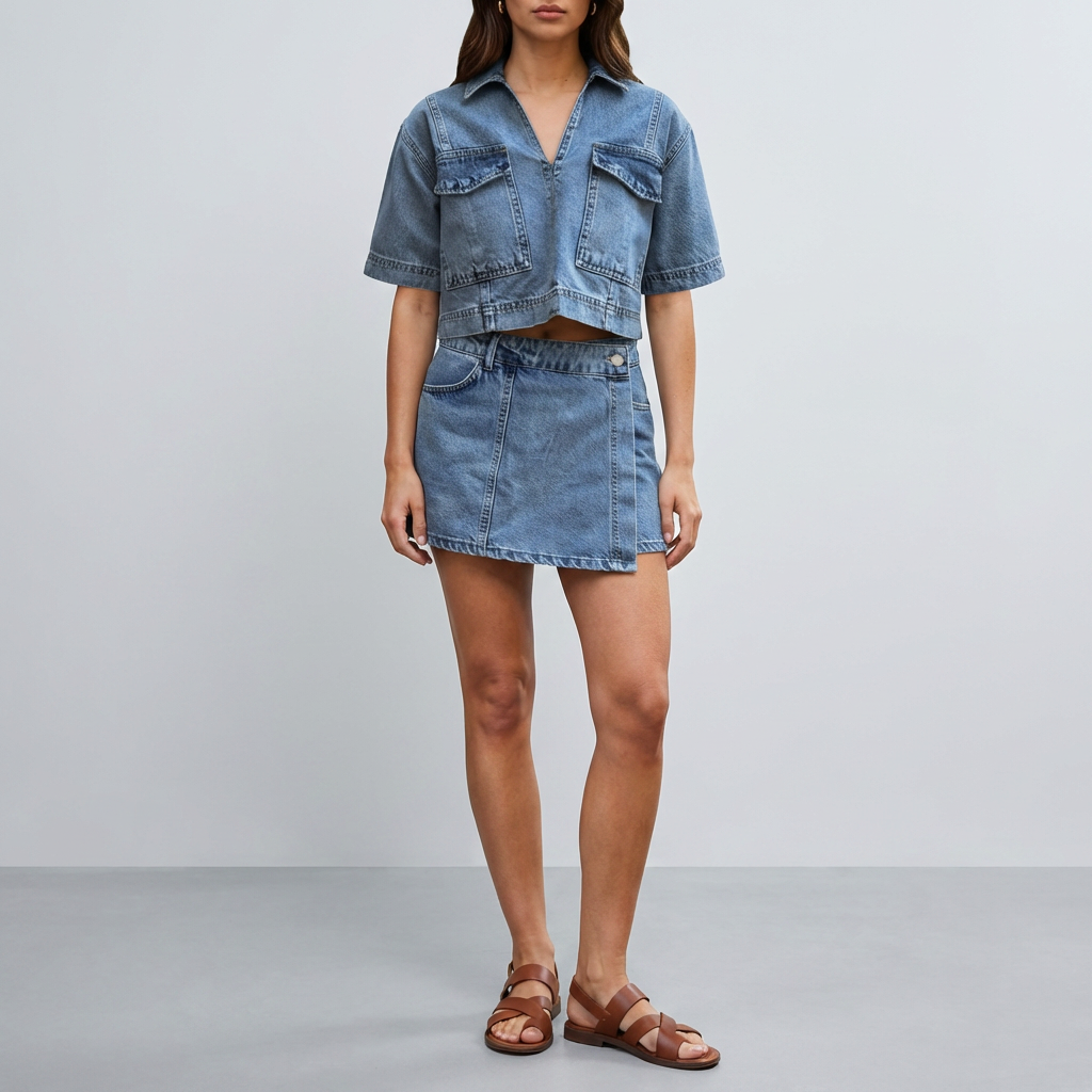 Two-Piece Denim Set with Top and Skirt