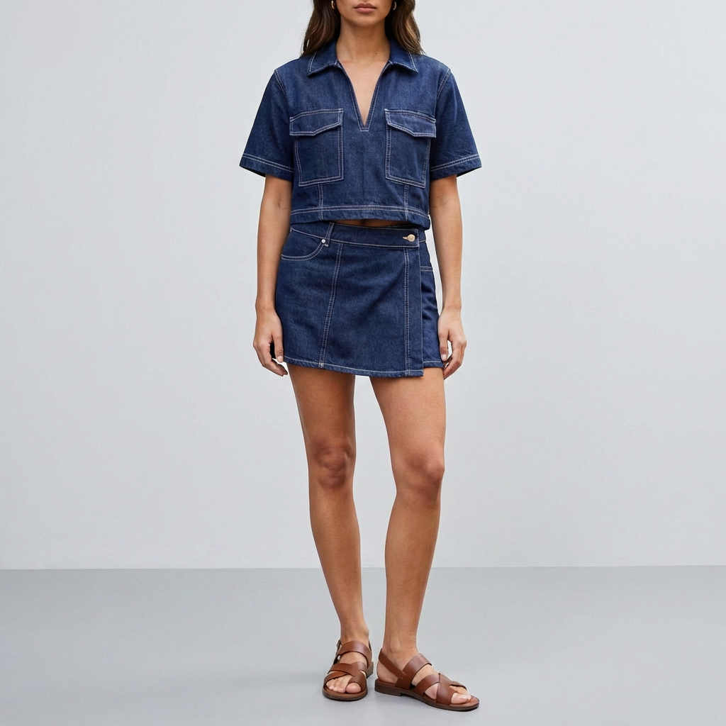 Two-Piece Denim Set with Top and Skirt