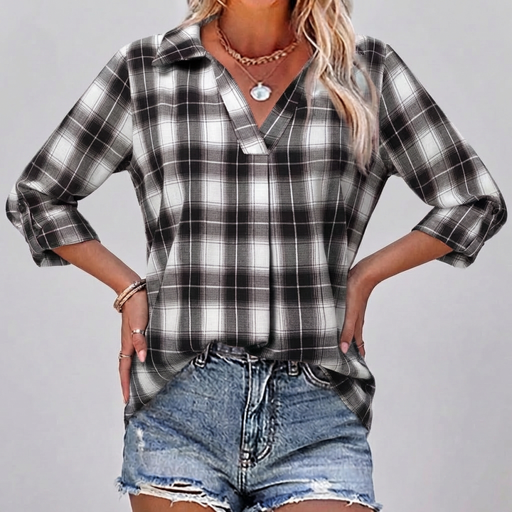 Women’s Checked Long Sleeve V Neck Blouse