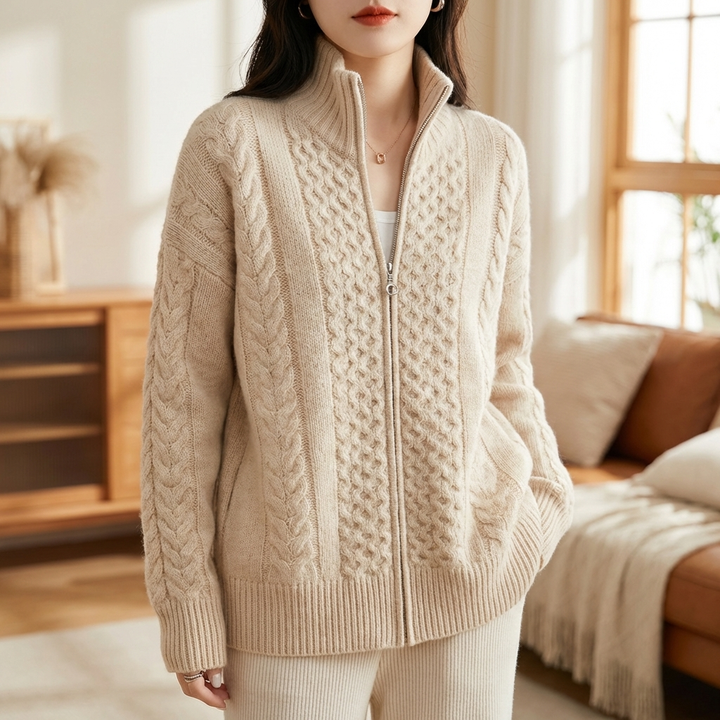 Fine Wool-like with High Neckline Cardigan for Women