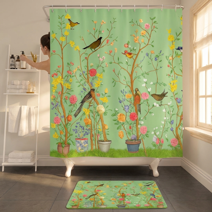 Vibrant Green Bathroom Decor with Matching Mat