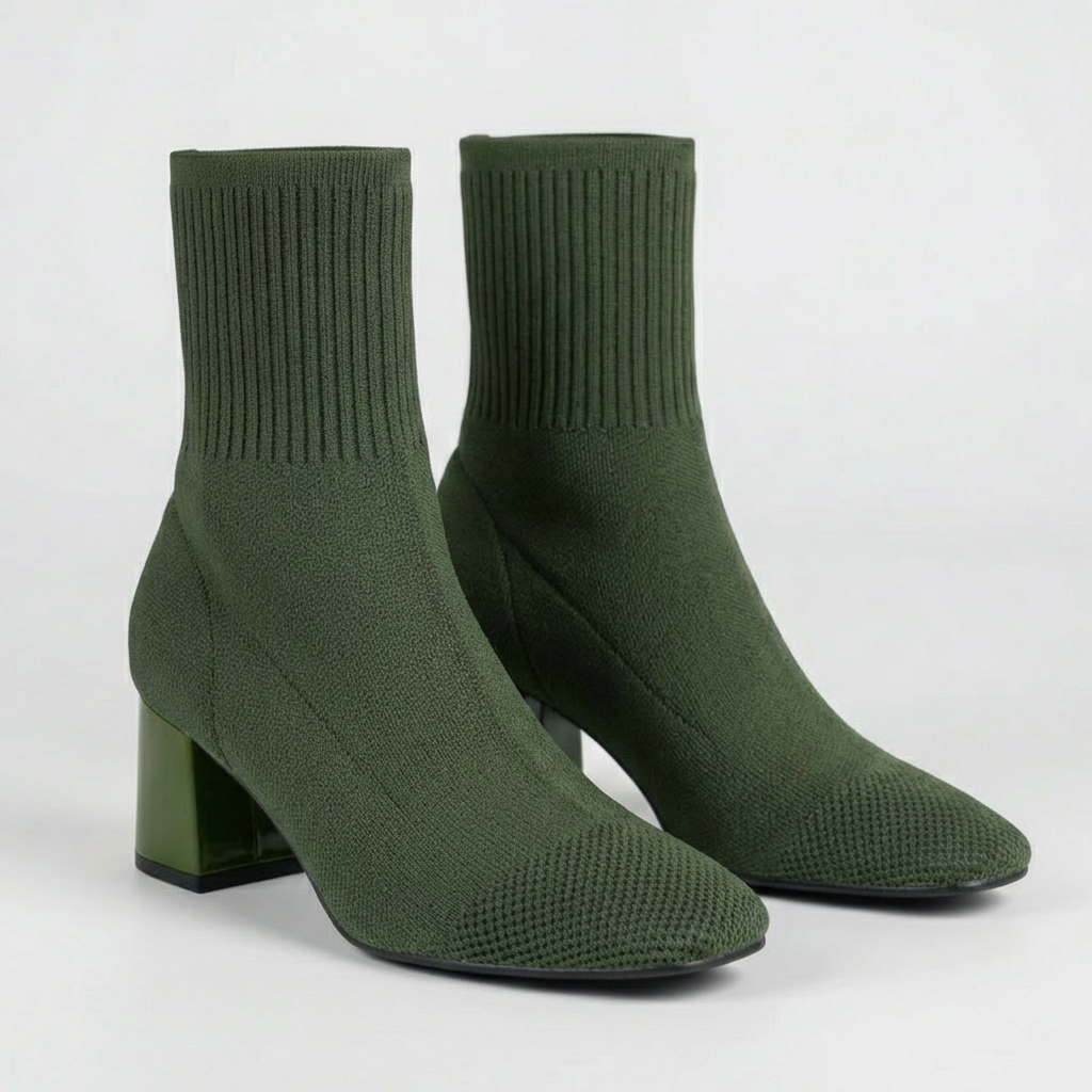 Knit Ankle Sock Boot With Square Heel