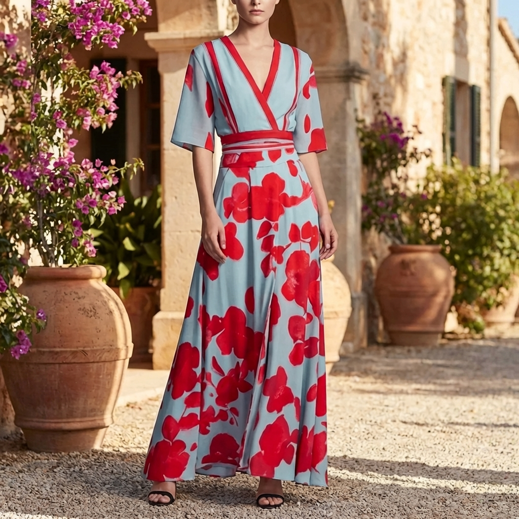 Women’s Long Floral V‑Neck Dress