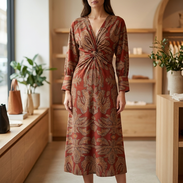 Long Sleeve Wrap-Style Midi Dress