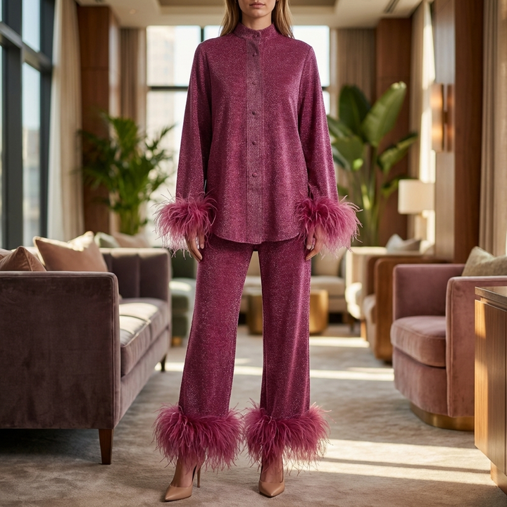 Feather-Trimmed Two-Piece Shirt And Trouser Set