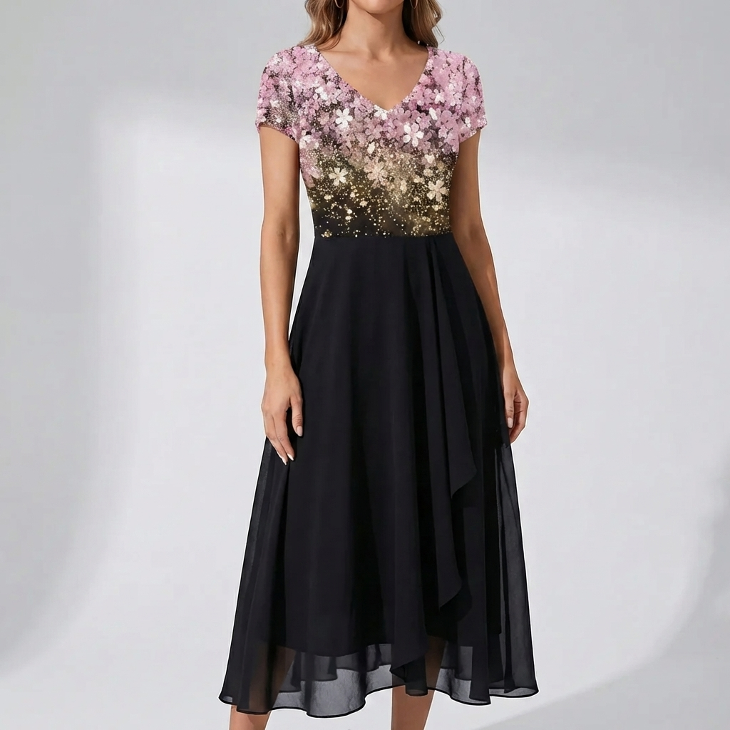 Floral Print V-Neckline Midi Dress for Women
