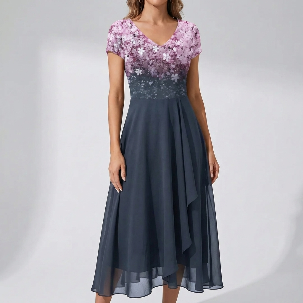 Floral Print V-Neckline Midi Dress for Women