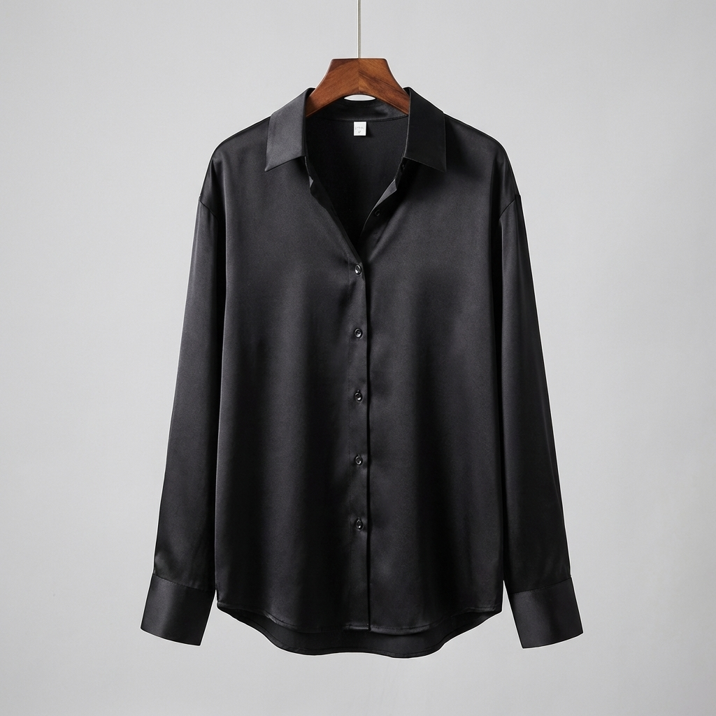Satin Blouse with Long Sleeves and Classic Collar