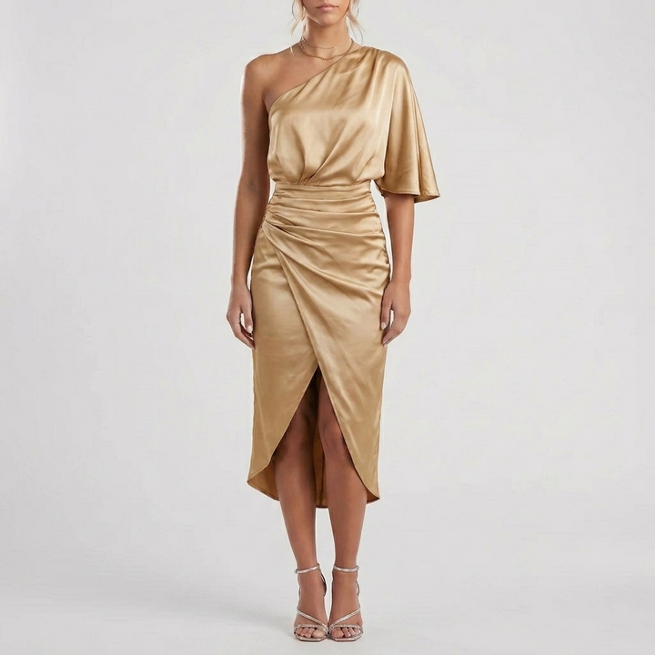 One-Shoulder Satin-Finish Midi Dress