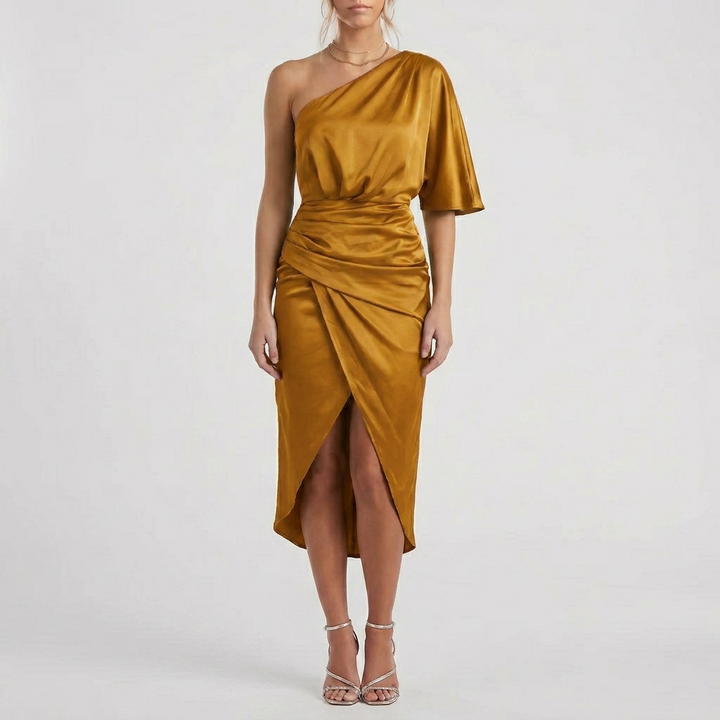 One-Shoulder Satin-Finish Midi Dress