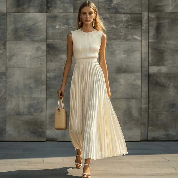 Women's Stylish Cream Pleated Maxi Dress
