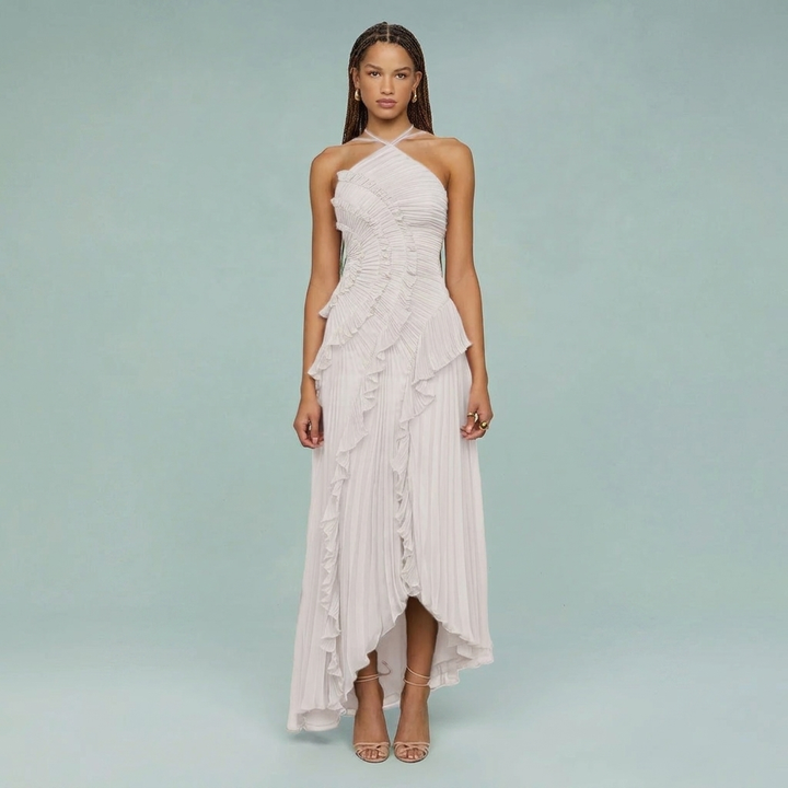 Ruffled Pleated Halterneck Dress