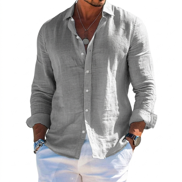 Men's Solid-Colored Lapel Beach Long-Sleeve Shirt