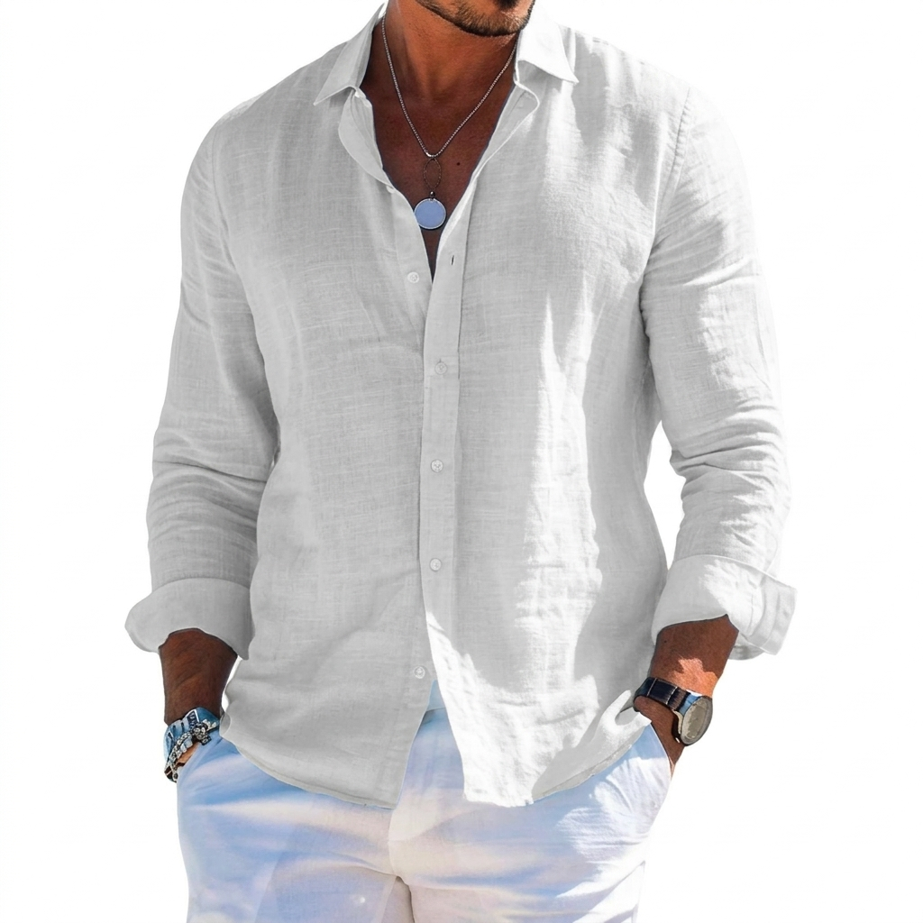 Men's Solid-Colored Lapel Beach Long-Sleeve Shirt
