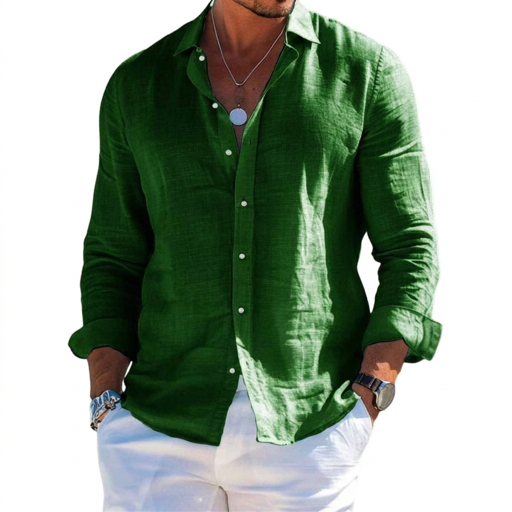 Men's Solid-Colored Lapel Beach Long-Sleeve Shirt