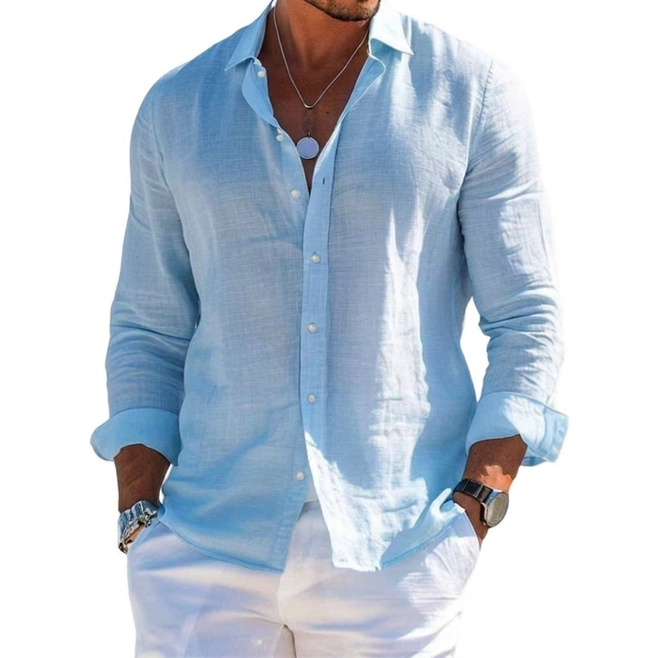 Men's Solid-Colored Lapel Beach Long-Sleeve Shirt