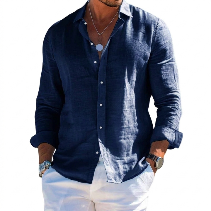 Men's Solid-Colored Lapel Beach Long-Sleeve Shirt