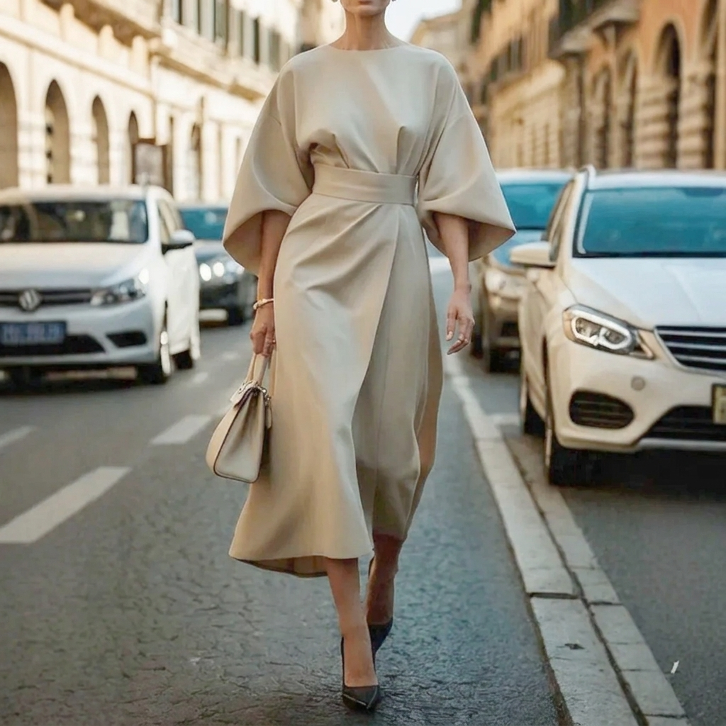 Women's Elegant Loose Sleeve Dress with Waist Detail