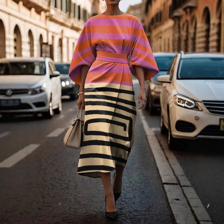 Women's Elegant Loose Sleeve Dress with Waist Detail