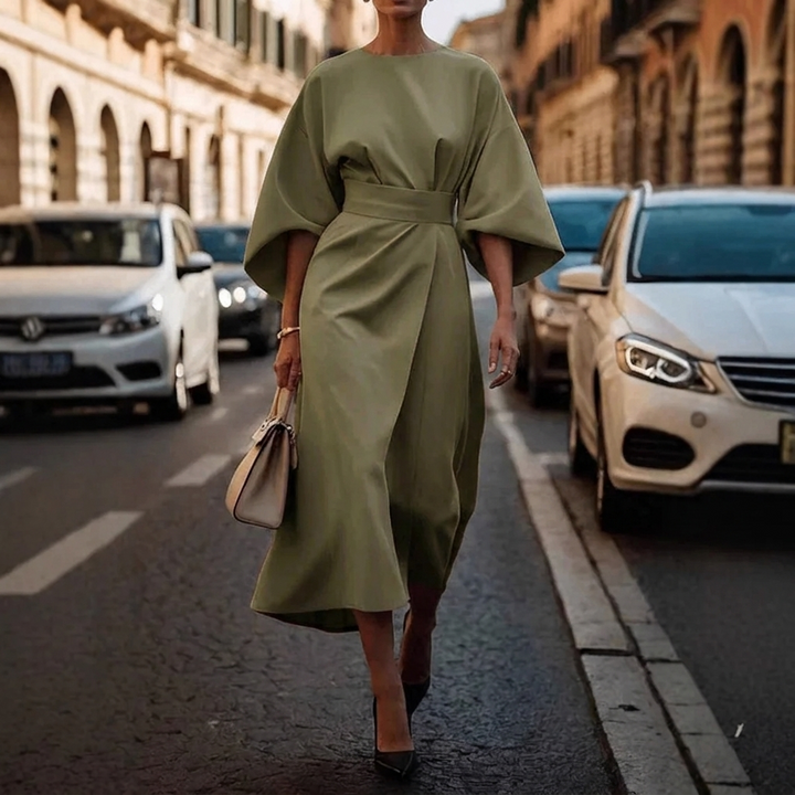 Women's Elegant Loose Sleeve Dress with Waist Detail