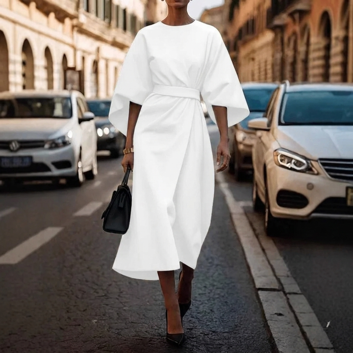 Women's Elegant Loose Sleeve Dress with Waist Detail