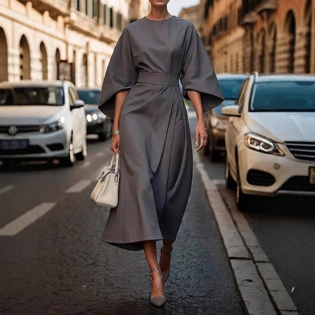 Women's Elegant Loose Sleeve Dress with Waist Detail