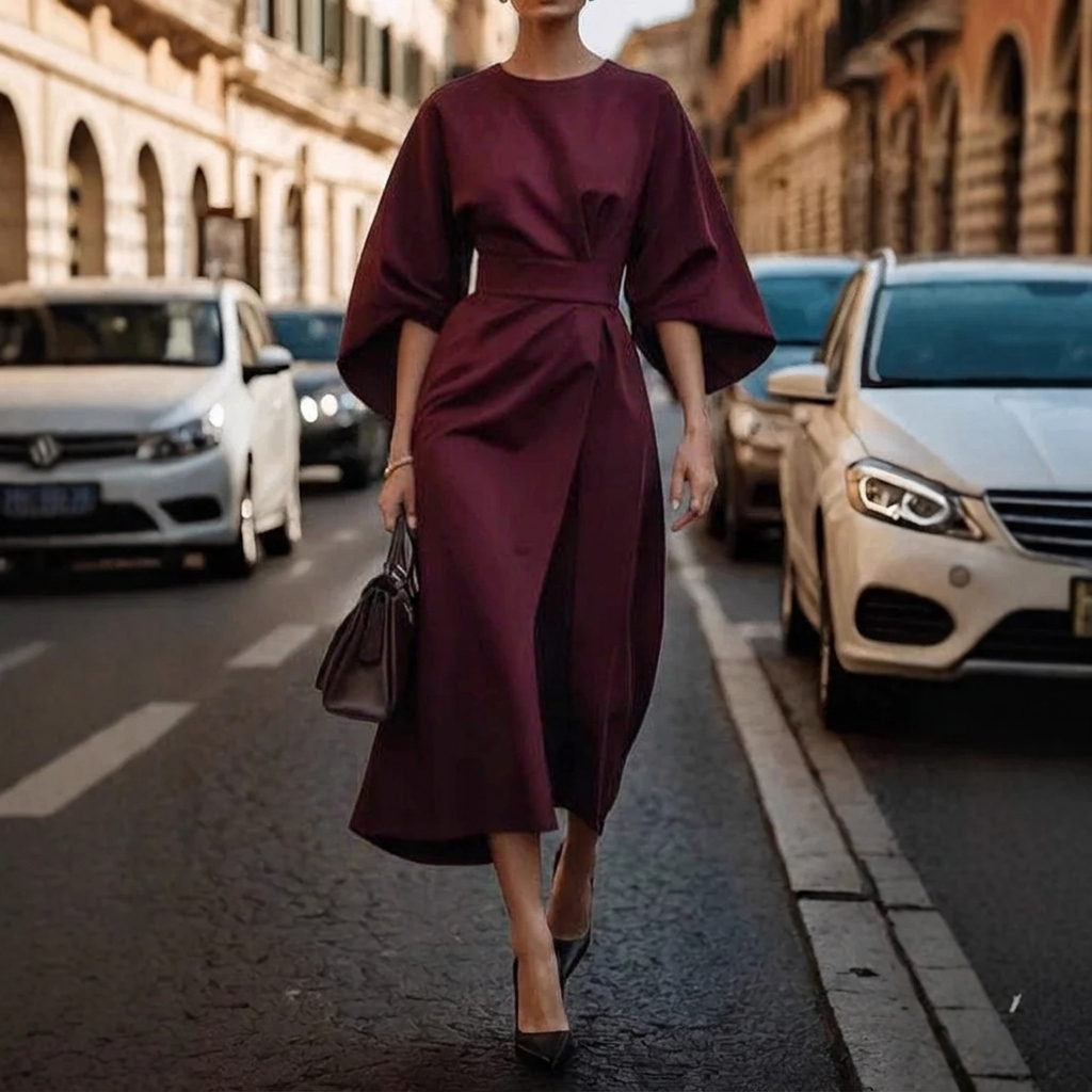 Women's Elegant Loose Sleeve Dress with Waist Detail