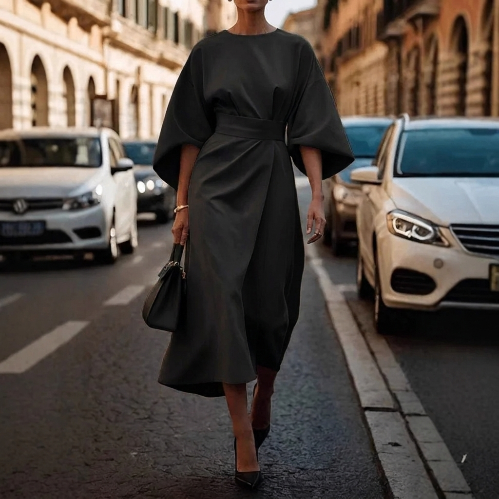 Women's Elegant Loose Sleeve Dress with Waist Detail