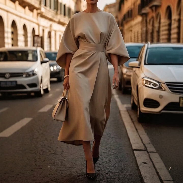 Women's Elegant Loose Sleeve Dress with Waist Detail