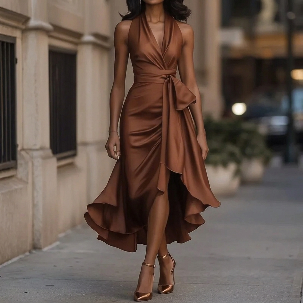 Women's Elegant Deep V-Neck Ruffle Evening Dress