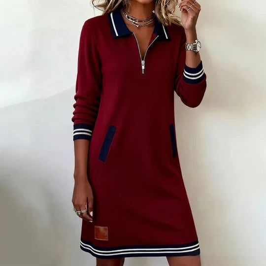 Women’s Casual Dress with Collar and Zipper