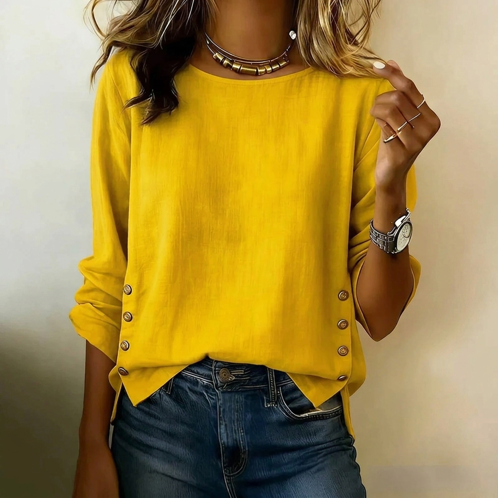 Women's Casual Round Neck Side-Button Linen Top